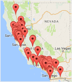 Map of California organizations from ImmigrationLawHelp.org search